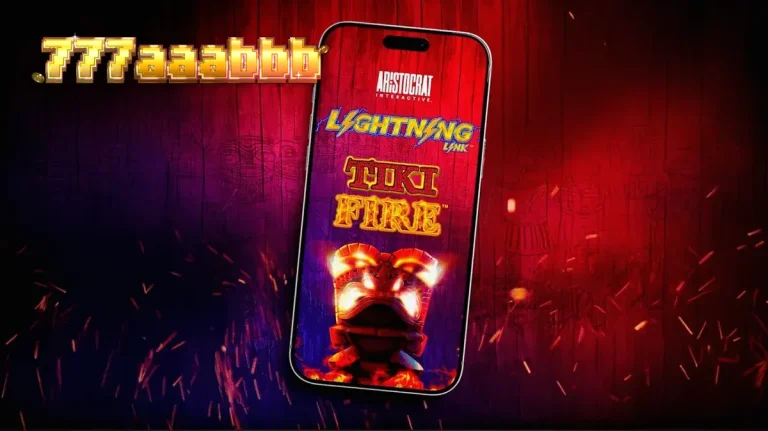 Tampilan visual permainan slot Tiki Fire dengan nuansa tropis dan elemen Lightning Link.